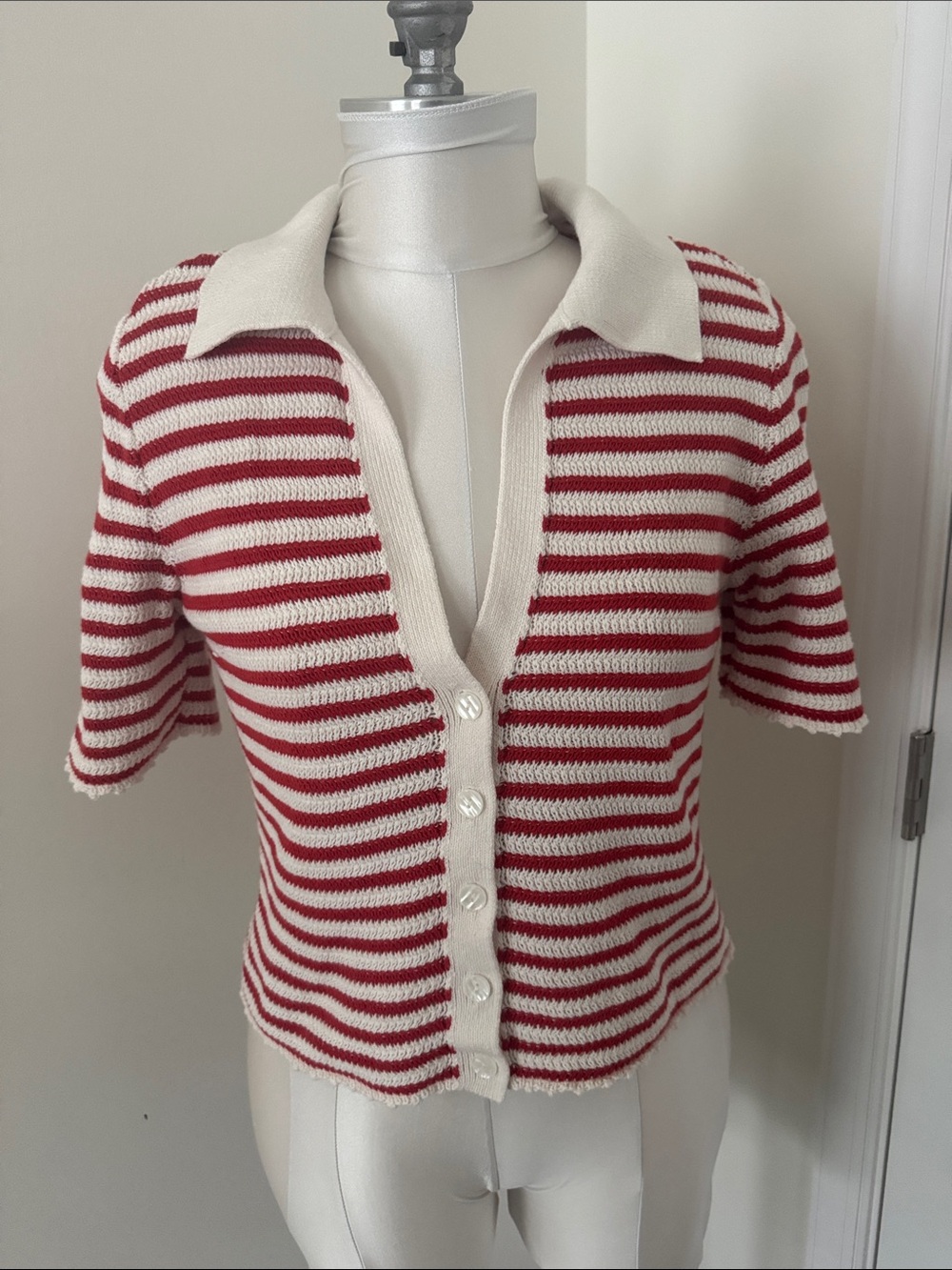 Abercrombie & Fitch Red and Cream Striped V-Neck Button Sweater